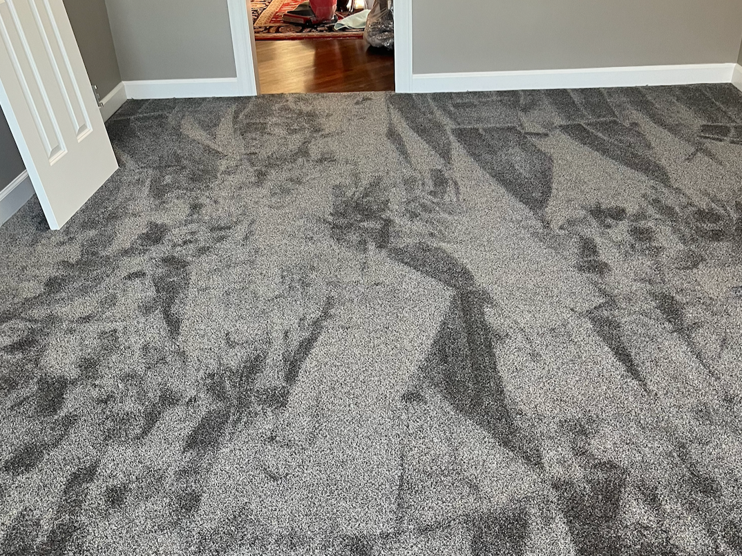 Room with patterned gray and black carpet, door open to a view of wood floor room with carpet and some bags or items inside.