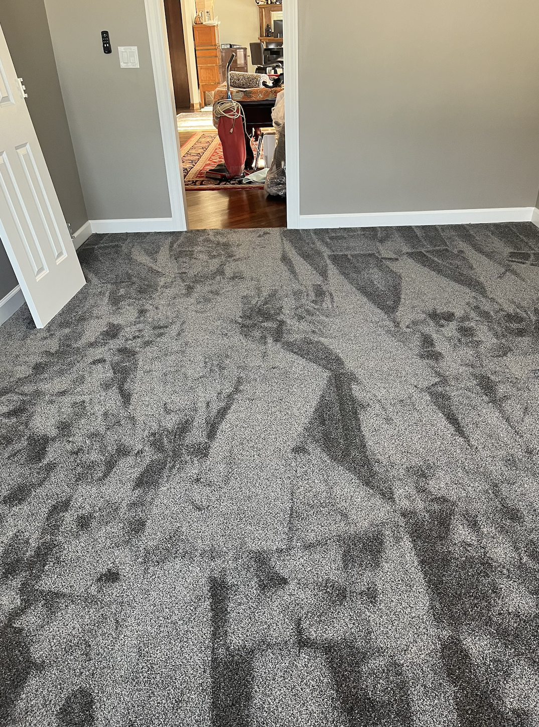 Room with recently vacuumed carpet showing vacuum cleaner marks leading into a doorway; view into another room with wooden floors and kitchen furniture.