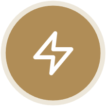 White lightning bolt symbol on a brown circular background
