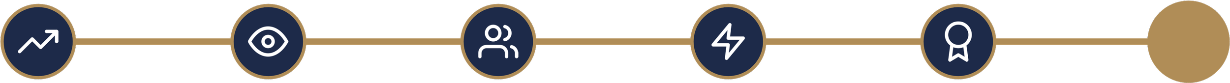 Illustration of a horizontal process flowchart with six circular icons connected by a line. The icons depict an arrow trending upward, an eye, two people, a lightning bolt, a medal, and a blank circle.