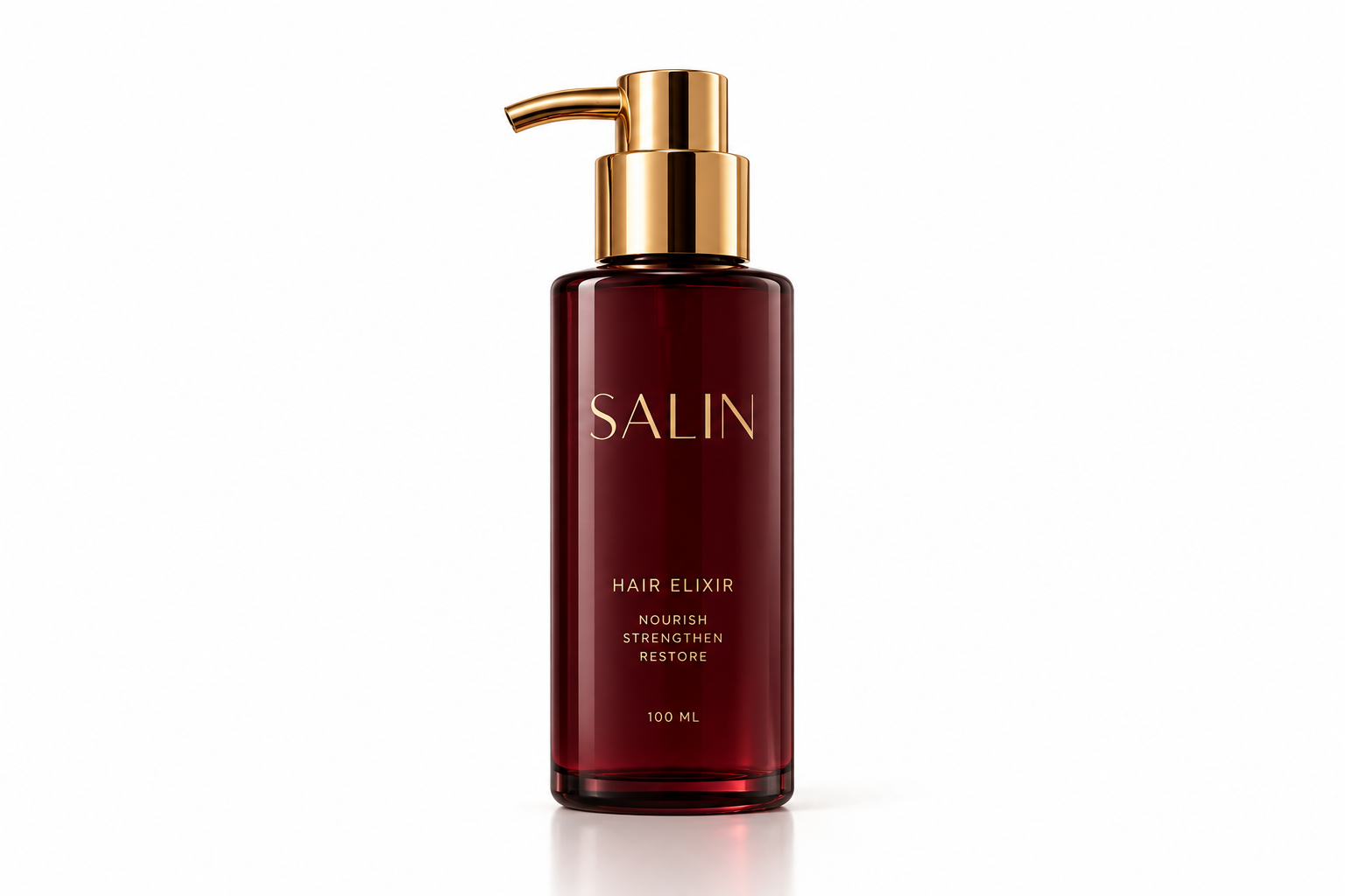 Salin Hair Elixir nourishing and restorative hair treatment in a dark red bottle with a gold pump dispenser.