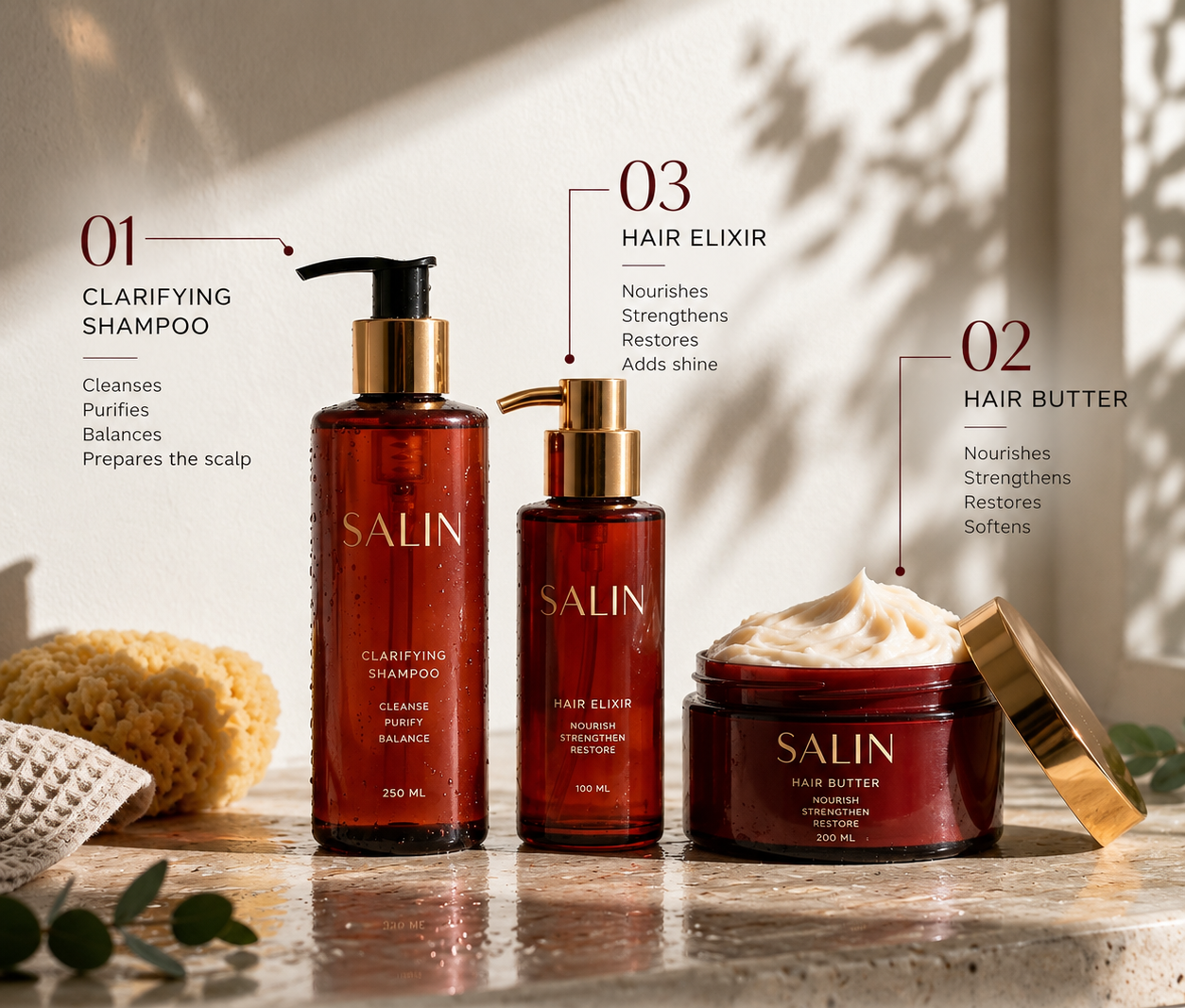 SALIN hair care collection featuring clarifying shampoo, hair elixir, and hair butter in amber bottles on a sunlit countertop