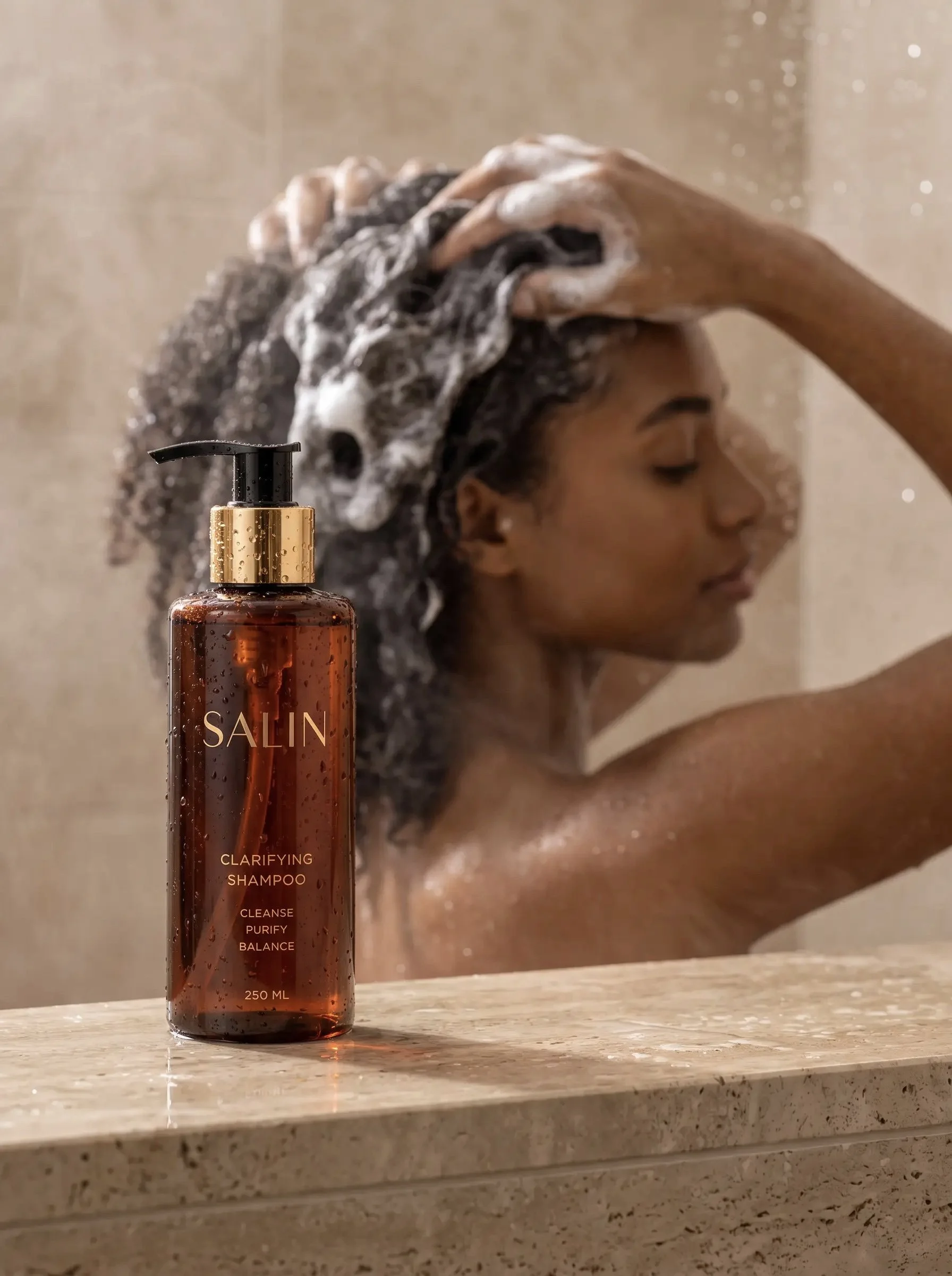 SALIN clarifying shampoo bottle beside a woman washing her curly hair in a shower