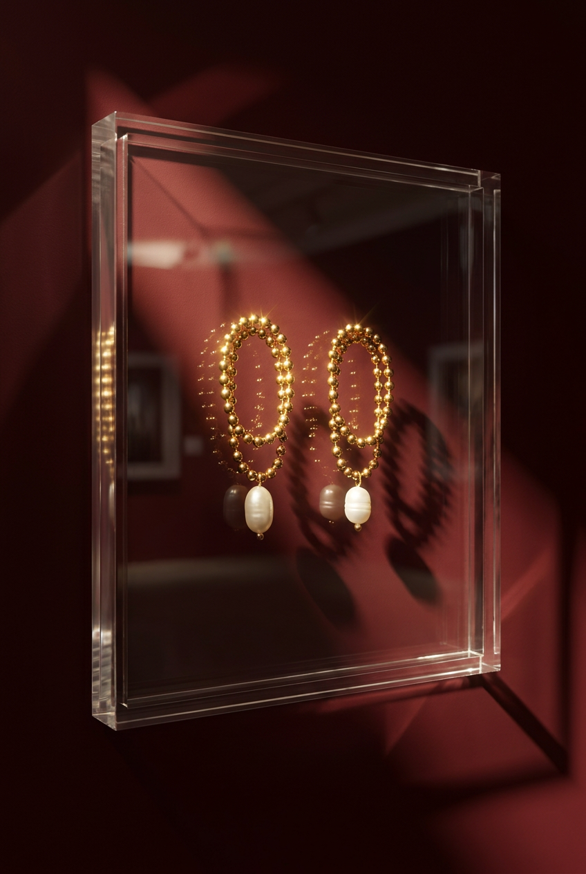 Pair of gold beaded earrings with pearl drops displayed in a clear frame against a burgundy background