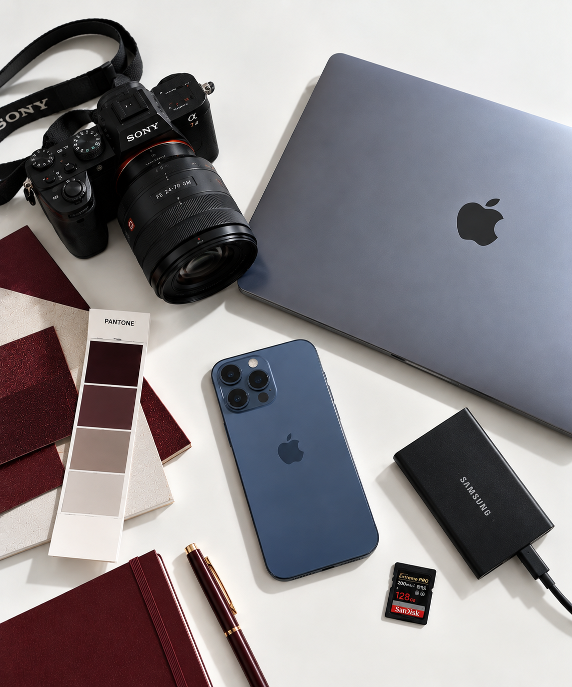 Flat lay of photography equipment, a laptop, smartphone and creative planning materials.