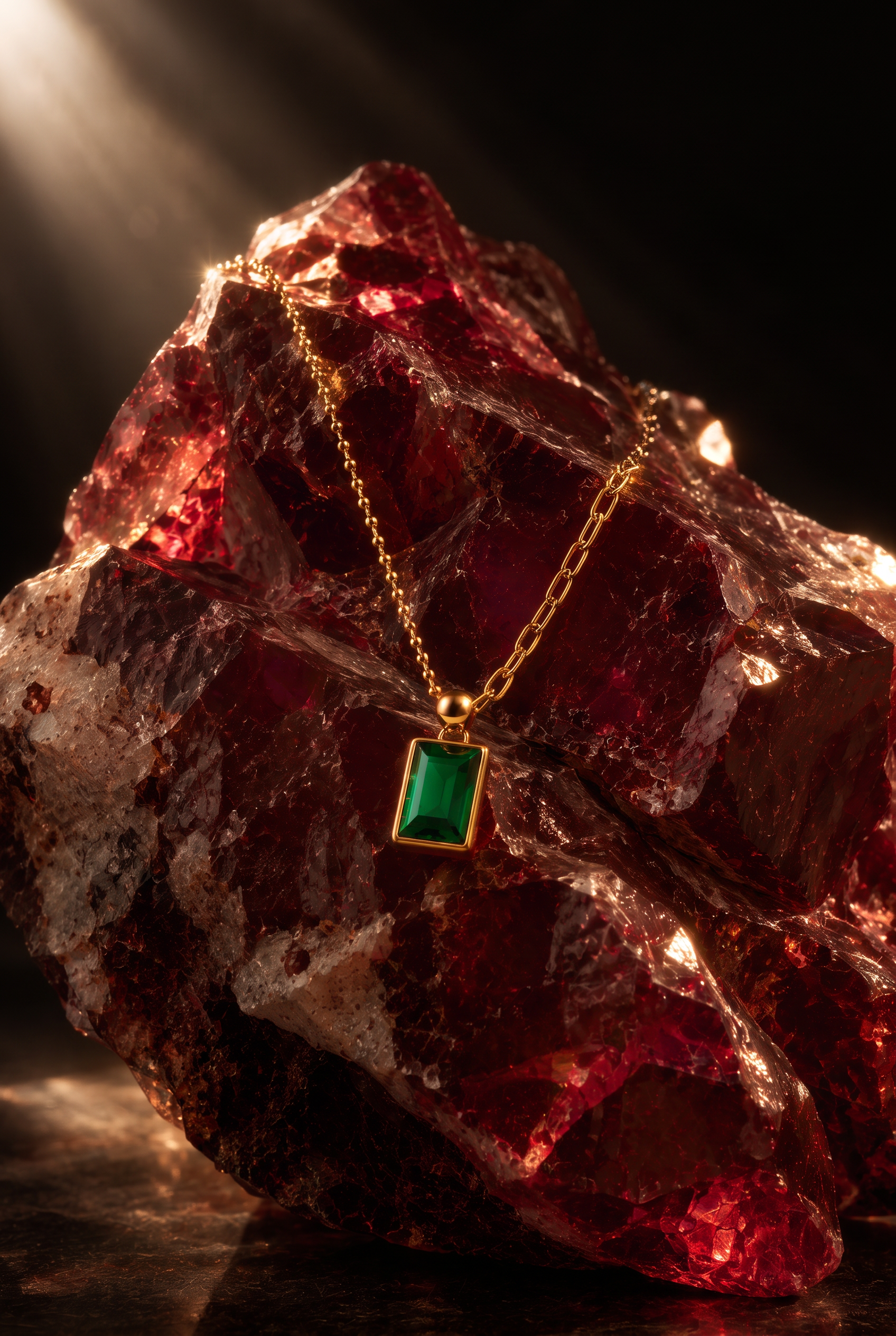 Gold chain necklace with a rectangular green gemstone pendant draped over a large red crystal rock.