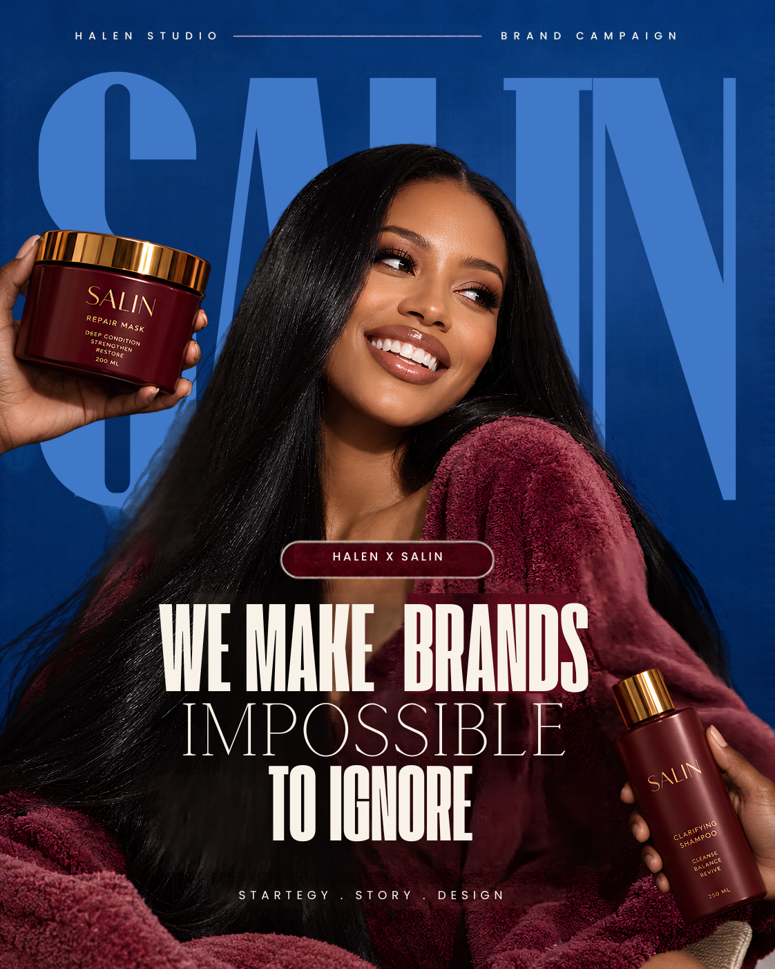 A woman holding SALIN Repair Mask and Clarifying Shampoo products in a branded haircare campaign.