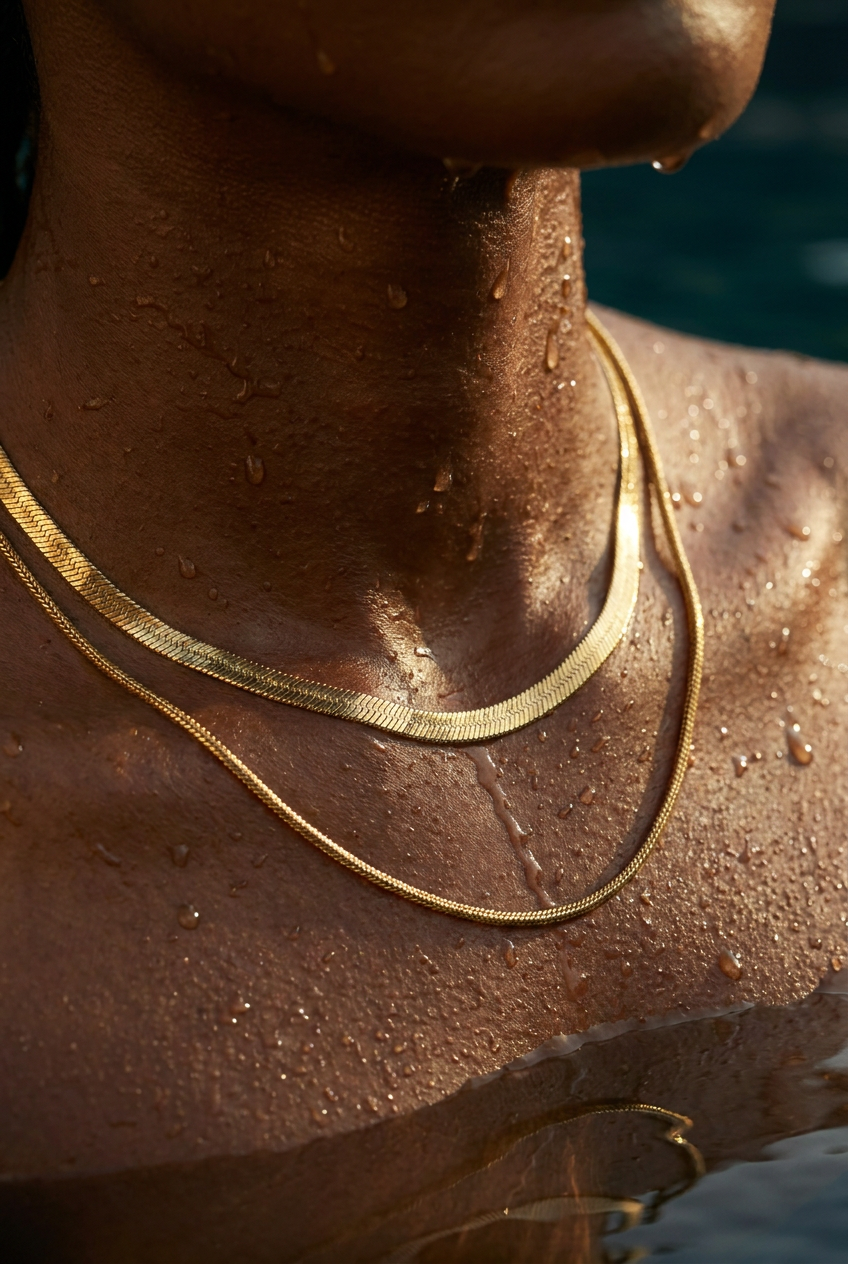 Close-up of a shirtless person with water droplets wearing two gold necklaces near a pool