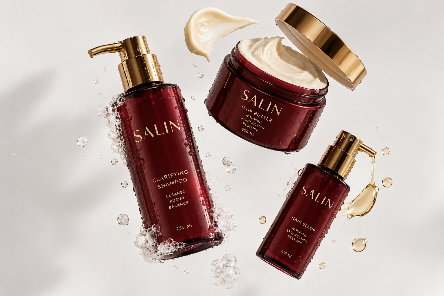 SALIN haircare products featuring Clarifying Shampoo, hair butter and hair elixir.
