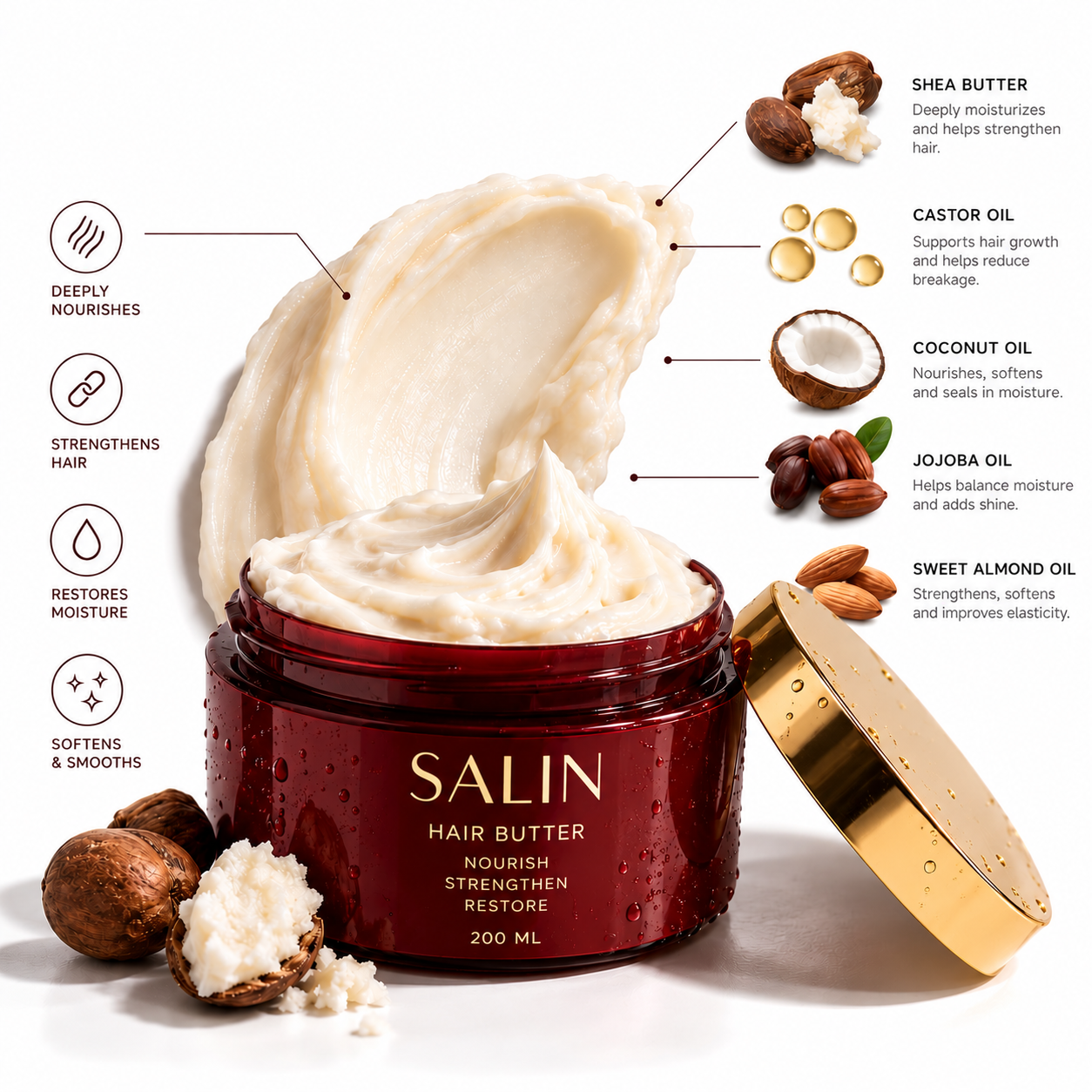Salin Hair Butter nourishing and strengthening hair treatment in a red 200 ml jar, with shea butter, castor oil, coconut oil, jojoba oil, and sweet almond oil ingredients illustrated.