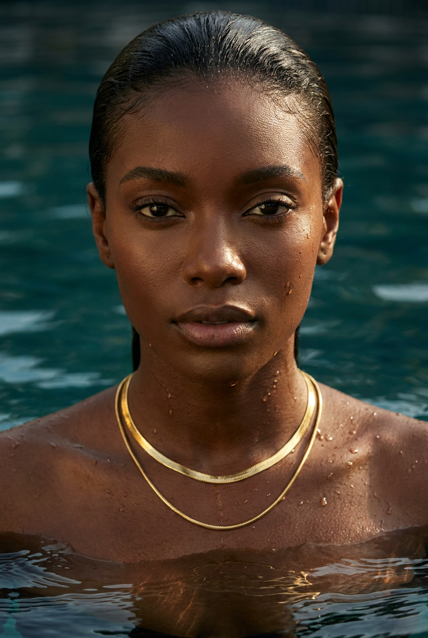 Close-up portrait of a Black woman with wet skin and layered gold necklaces standing in a swimming pool