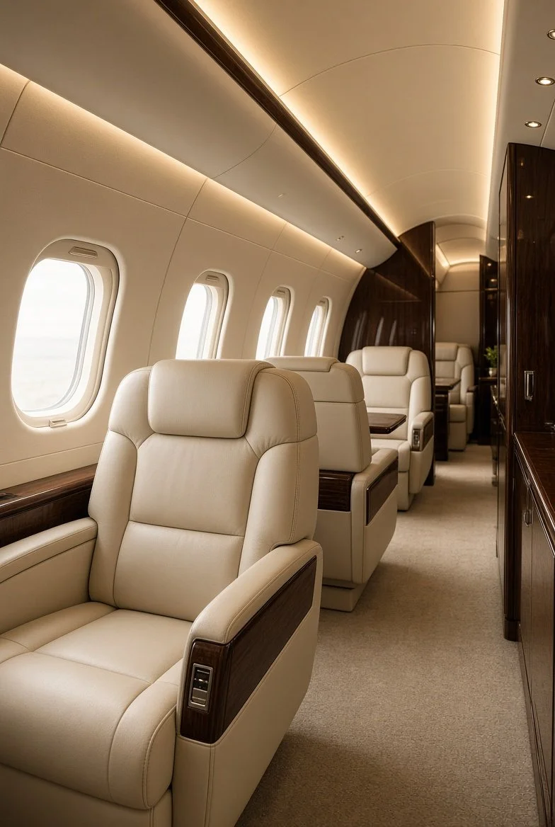 Luxury airplane interior with cream leather seats and wood accents, windows along the side.