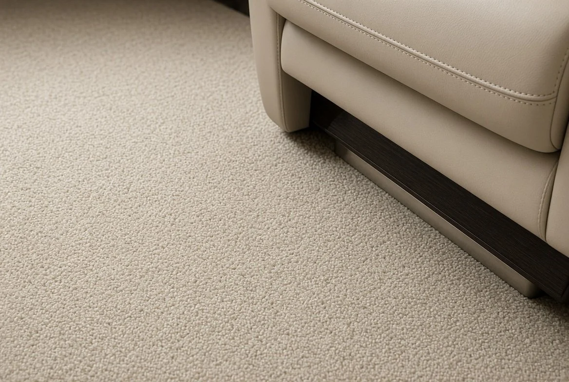 Close-up of a beige leather chair with a dark wooden base on a light-colored carpeted floor.
