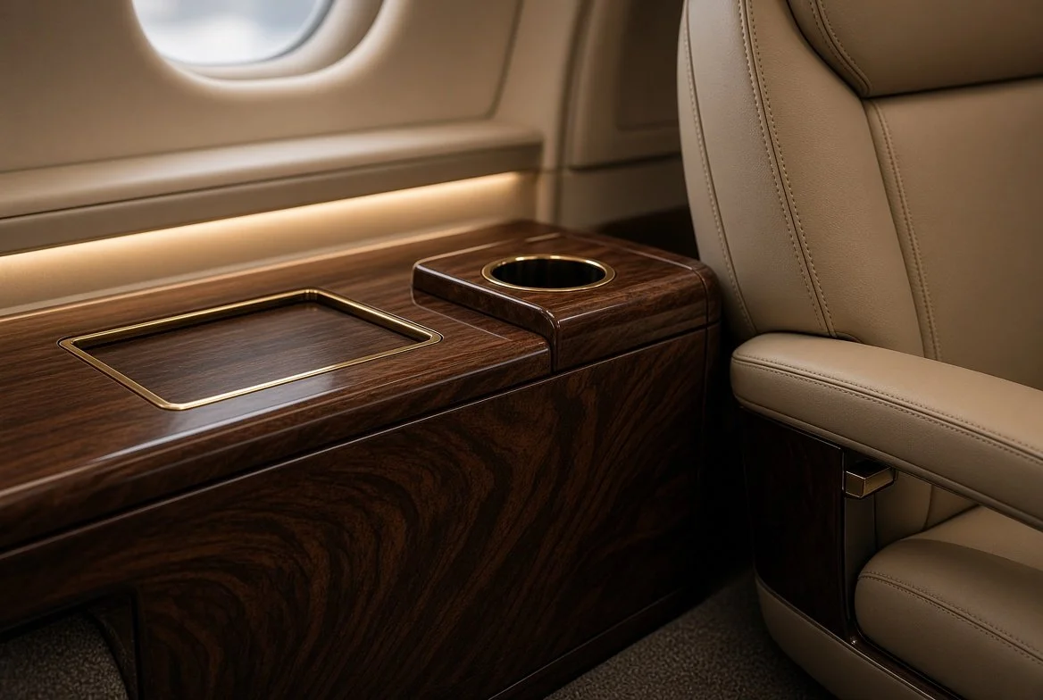 Luxury airplane interior with beige leather seat, wooden side table with gold trim, built-in cup holder, and window in background.