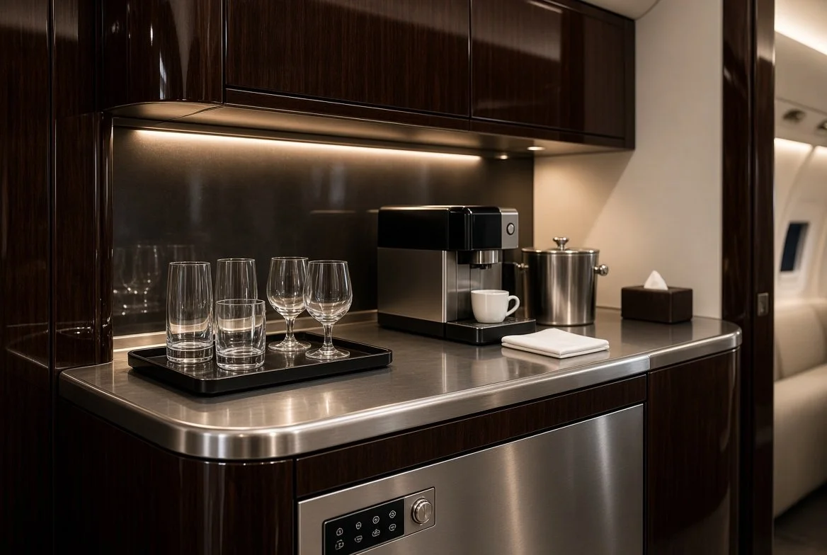 A modern kitchenette with a black coffee machine, cups, glasses, a tissue box, and a stainless steel container on a countertop.