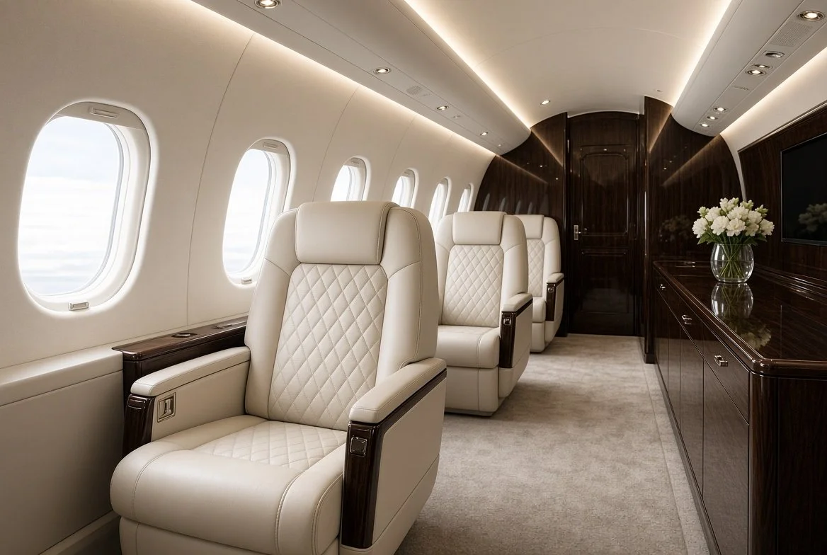 Interior of a private jet with three cream-colored leather seats, wood paneling, and a side cabinet with a vase of white flowers.
