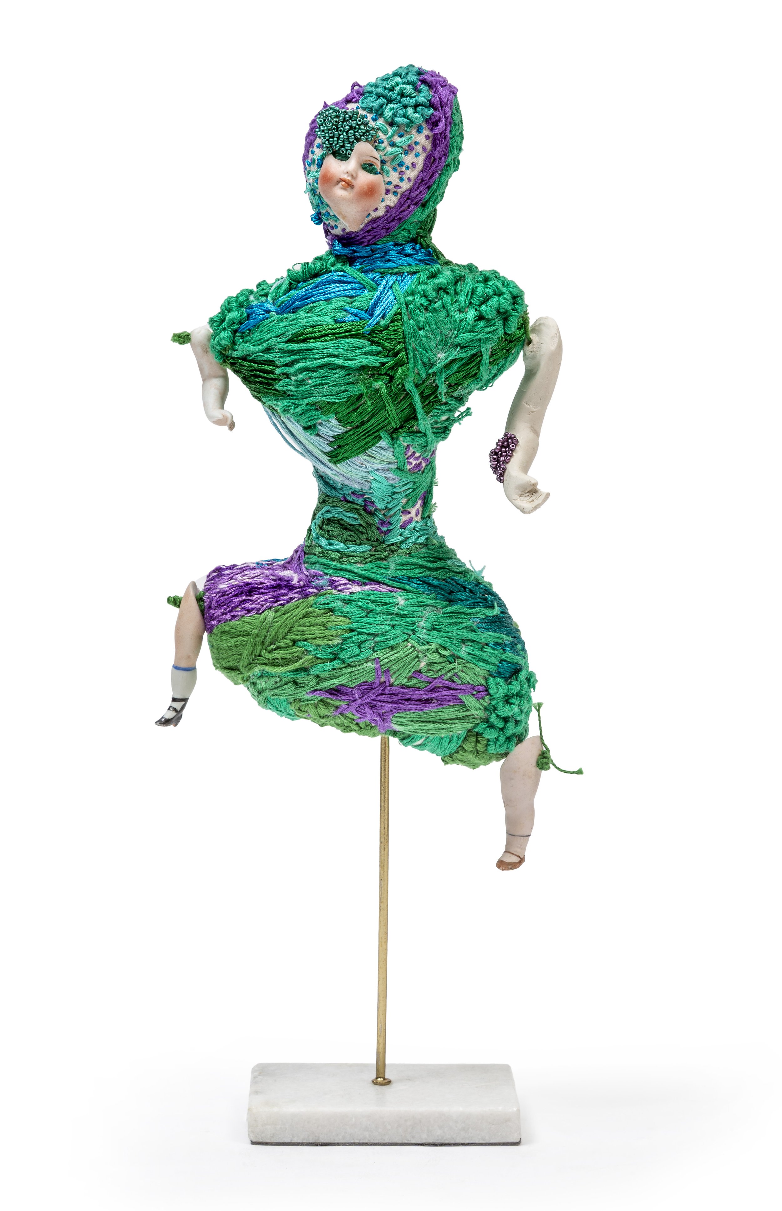 Trying Their Best                                             2025
Linen, cotton, wool, porcelain, glass beads, stone, brass
42 × 16 × 9 cm