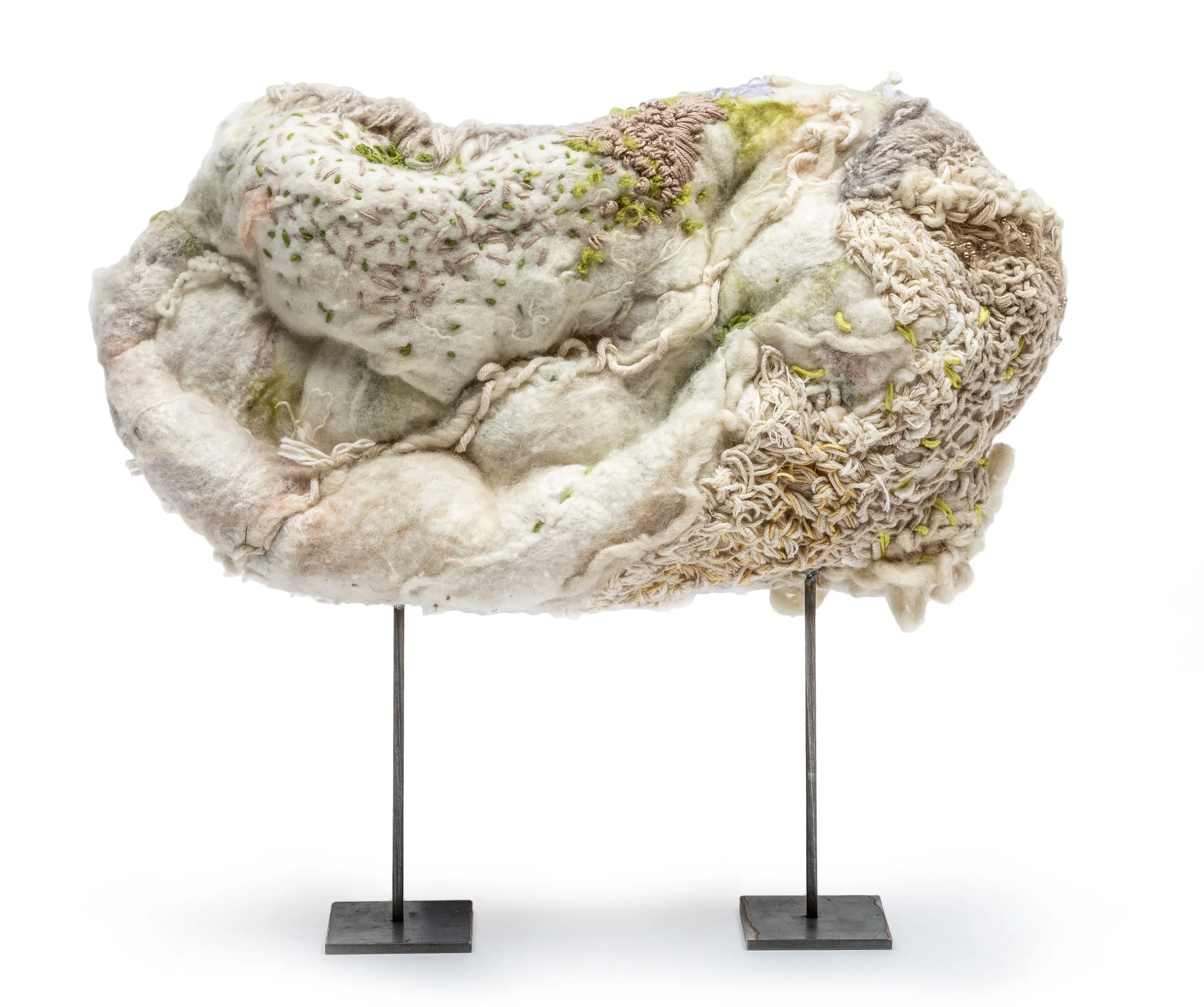 The Shape of Slow Time                               2026 
Felted wool, woollen yarn, linen, steel, cotton, silk, paper, acrylic, crystal beads
38 × 45 × 18 cm