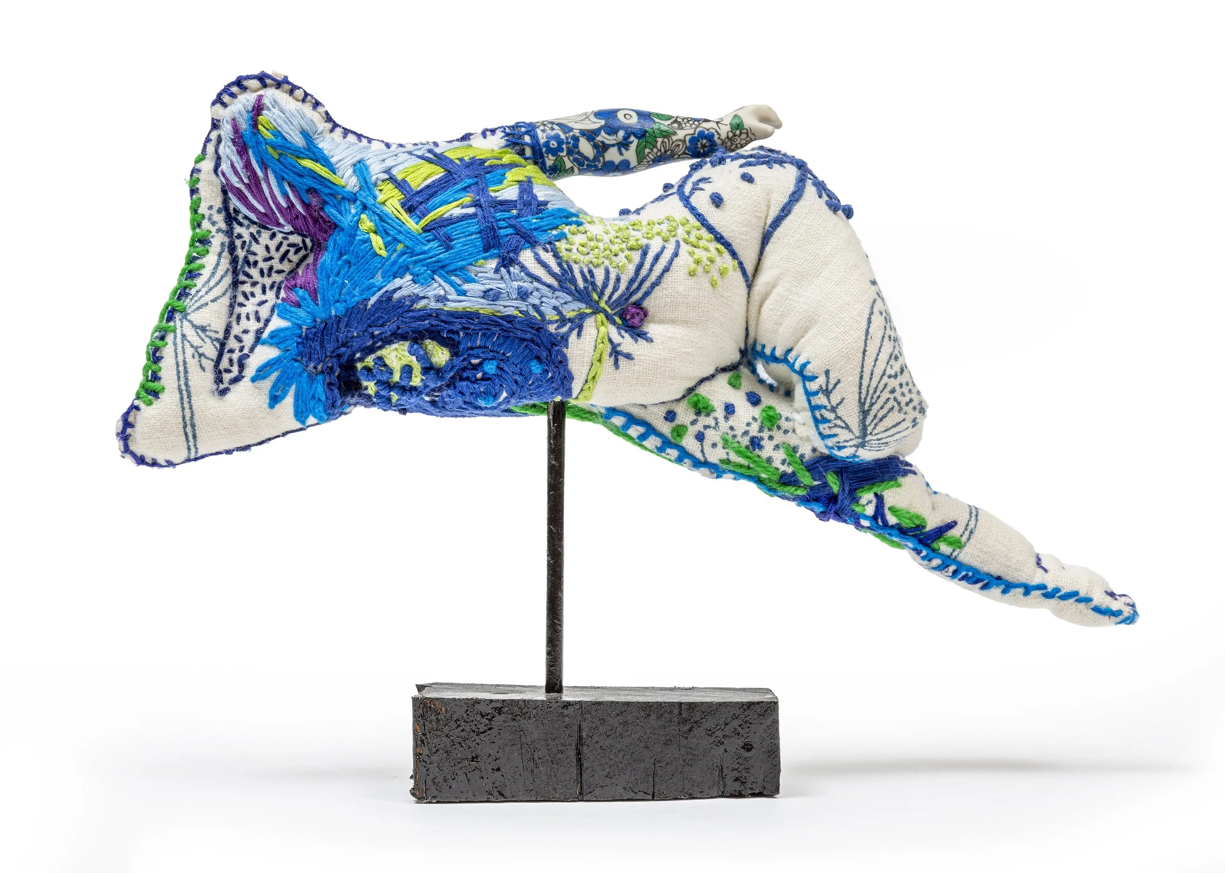She Stays Up Late                                          2025
Linen, cotton, wool, steel, timber
24 × 34 × 18 cm