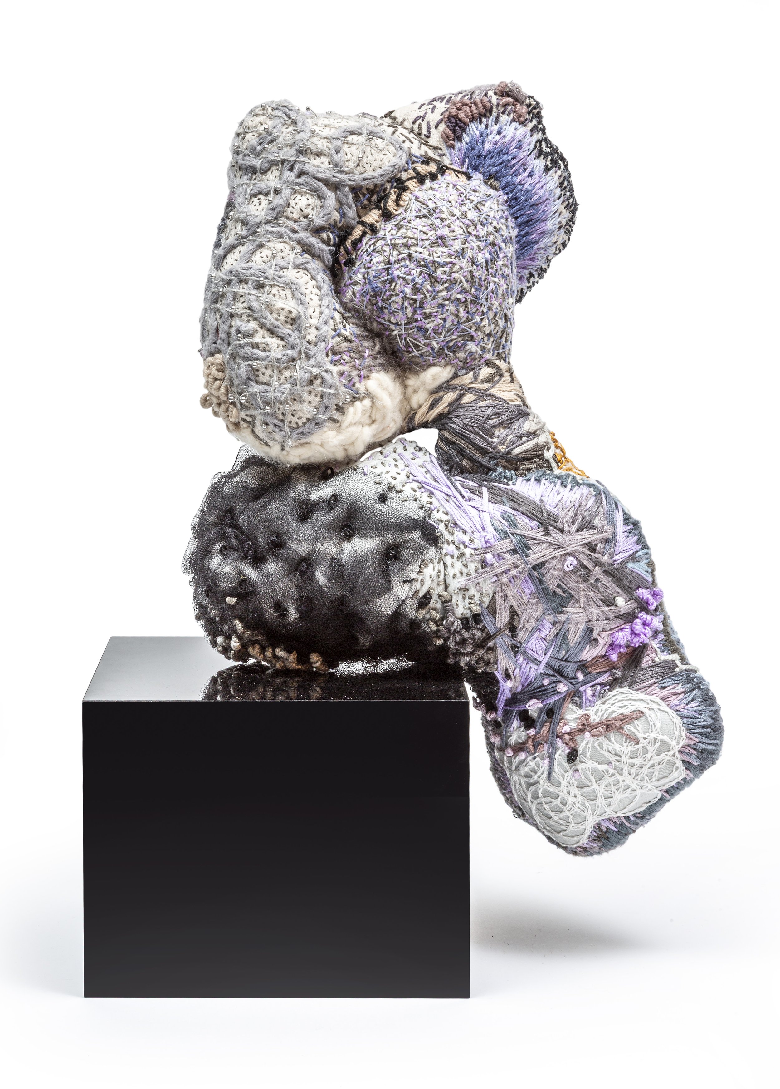 The Shape of Nightfall                             2026
Linen, polyester tulle, glass beads, linen, silk and cotton threads, steel, dacron fibre filling, Swarovski crystal thread
60 × 34 × 15 cm