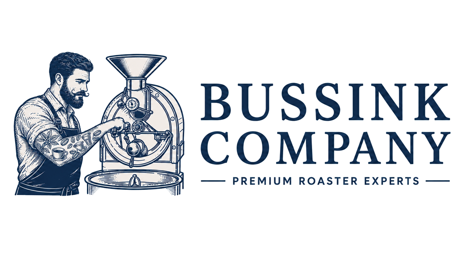Illustration of a bearded man with tattoos on his arms operating a vintage coffee roaster machine. The logo reads 'Bussink Company: Premium Roaster Experts'.