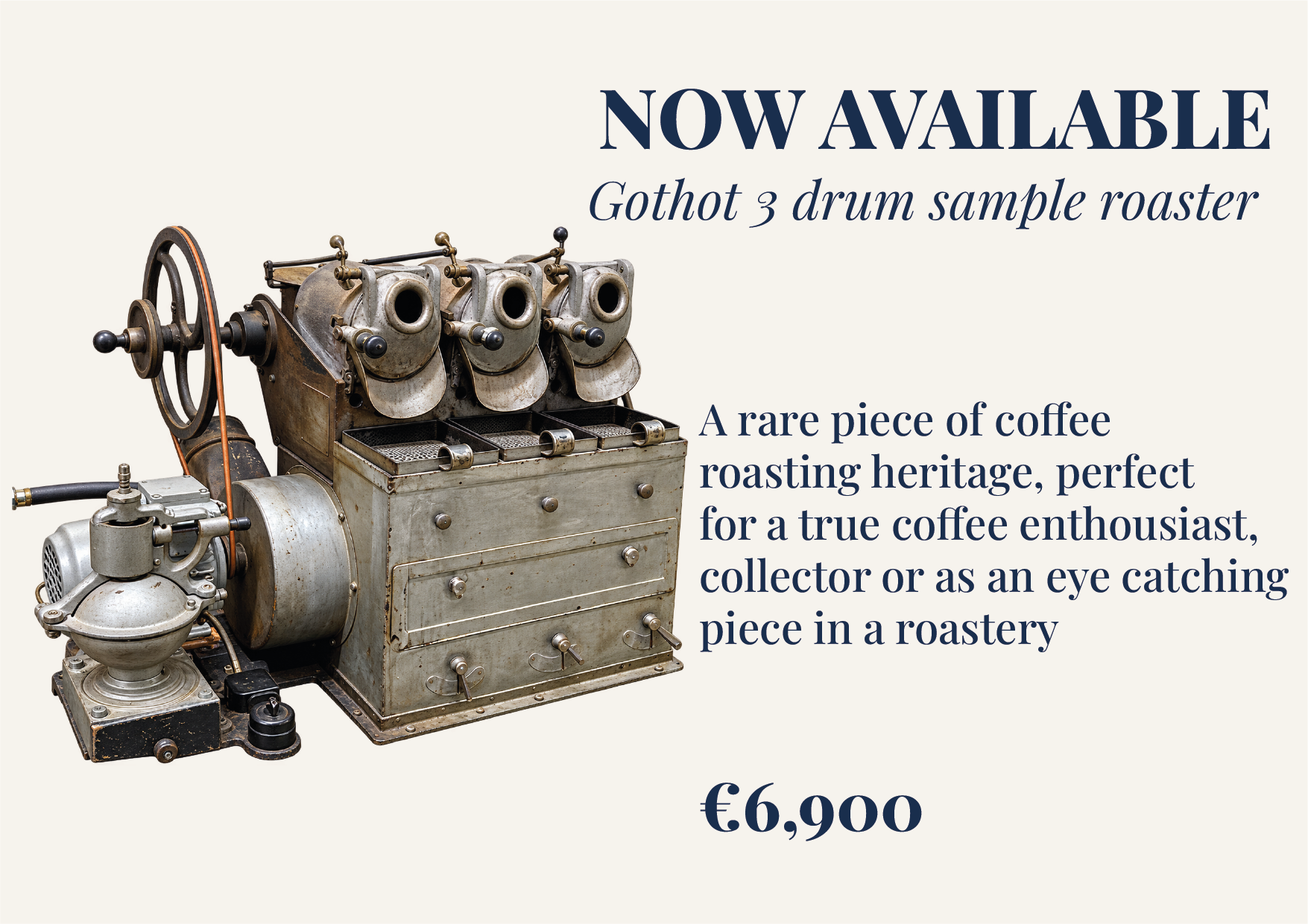 Vintage coffee roasting machine with multiple vents and controls on a light background, next to promotional text.
