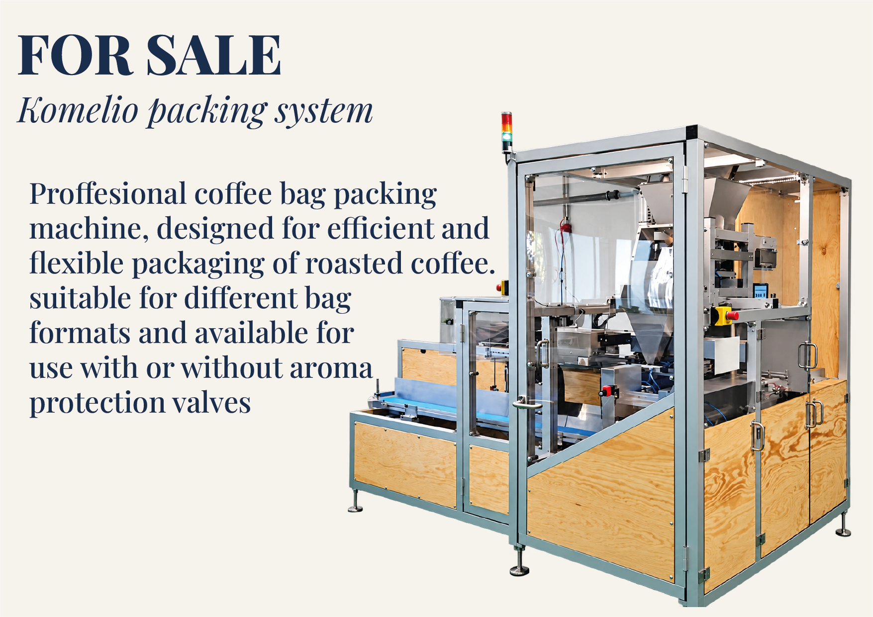 Commercial coffee bag packing machine with a warning light on top, metal frame, and wooden panels, designed for efficient and flexible packaging of roasted coffee beans.