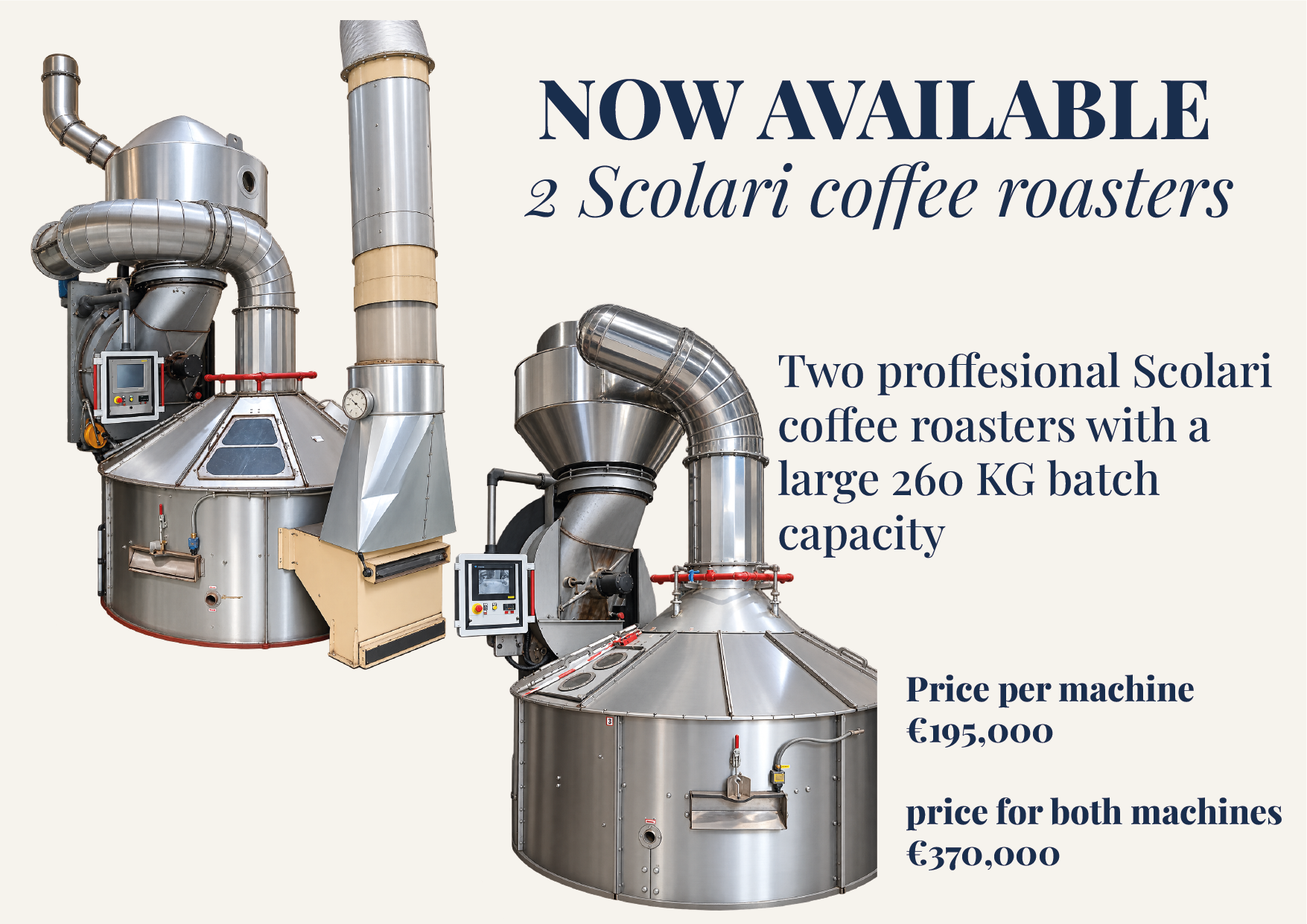 Image of stainless steel coffee roasting machines with informational text about their availability, capacity, and pricing.