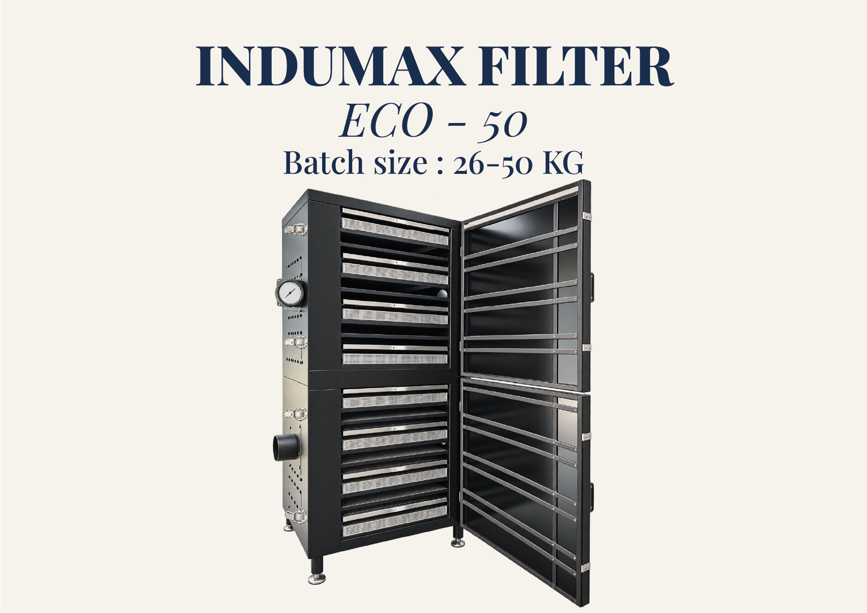 A black industrial air filter unit with a partially open door revealing multiple filter shelves and a pressure gauge on the side, labeled 'INDUMAX FILTER ECO-50 Batch size 26-50 kg.'