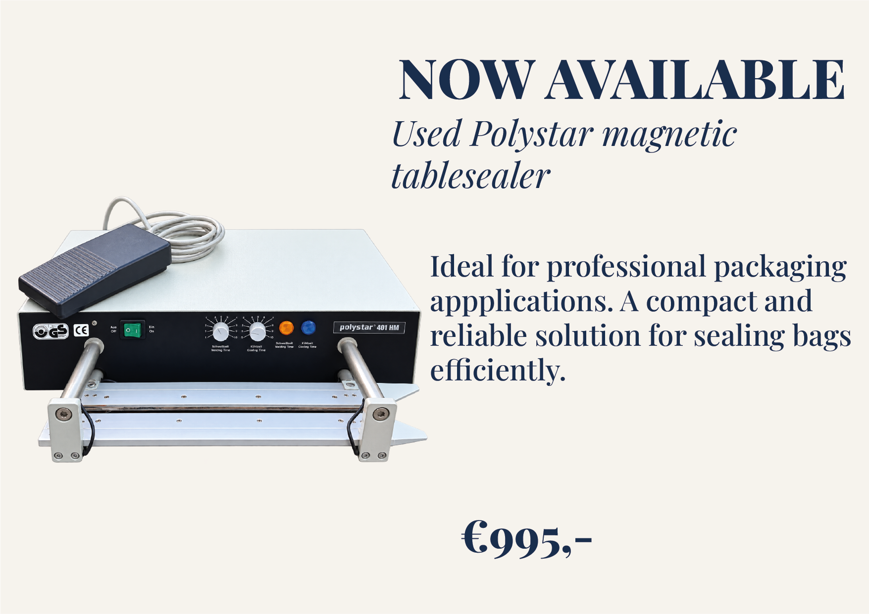 A used Polystar magnetic tablesaler for sealing bags, shown on a white surface. It has a black control panel with dials and a green power switch, with a foot pedal on top. The product is advertised as ideal for professional packaging applications.