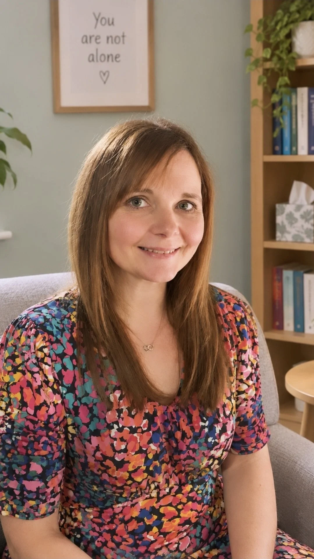 A woman with long brown hair, wearing a colorful patterned dress and necklace, sitting on a beige couch in a cozy room with a bookshelf and a framed sign that reads 'You are not alone'.