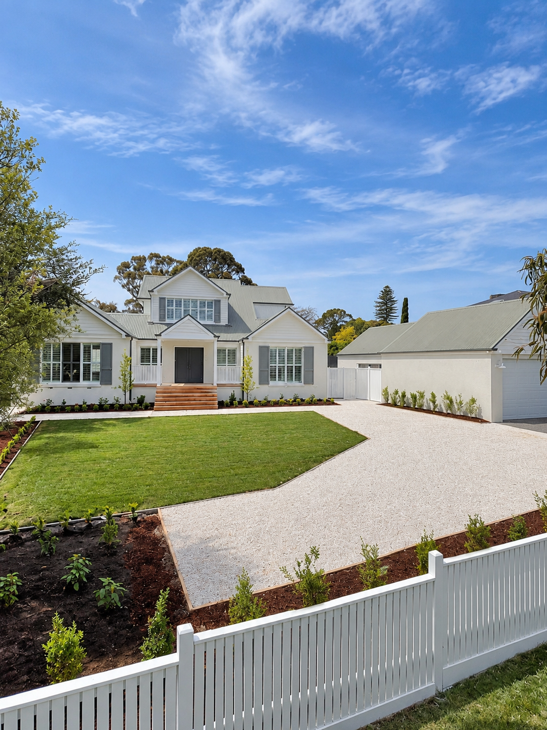 White house with gray shutters and roof, front lawn with grass and decorative plants, gravel driveway, white picket fence, blue sky with some clouds.