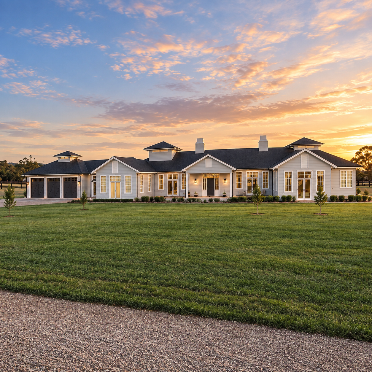 Large white house with black roof and multiple chimneys, set against a sunset sky with scattered clouds, surrounded by a green lawn and small trees.