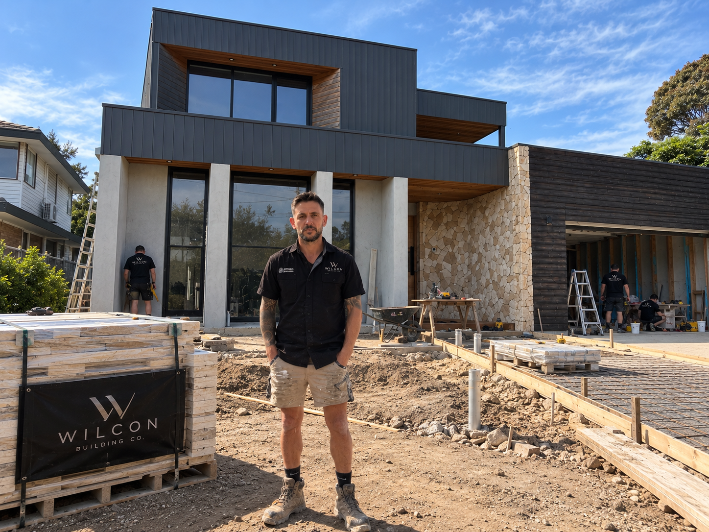 Man standing in front of a modern house under construction, with workers and building materials around.