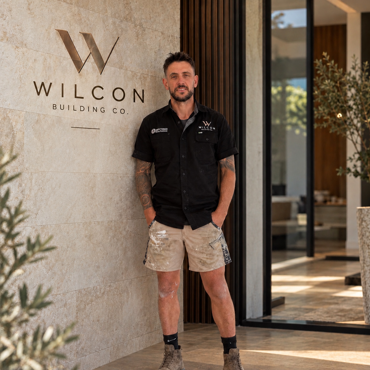 Man standing with hands in pockets outside Wilcon Building Co. office, wearing a black shirt and beige shorts, near a sign with the Wilcon logo.