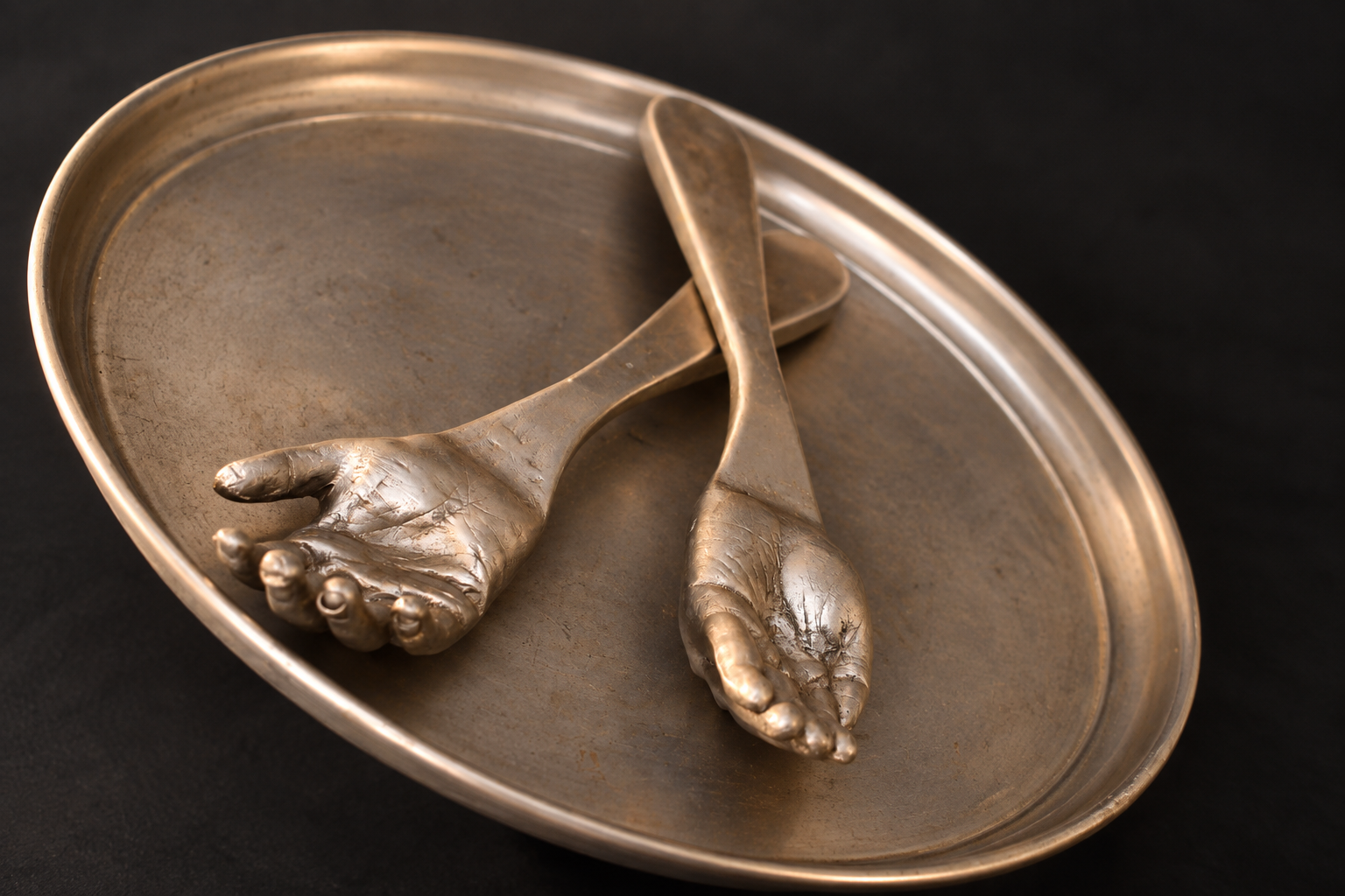 Crossed Metal Hands on a Vintage Plate.png