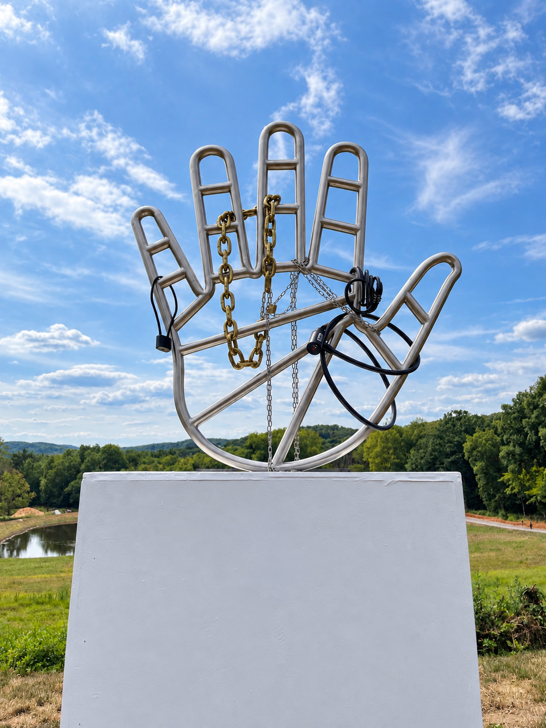 Metal Hand Sculpture in a Scenic Park.png