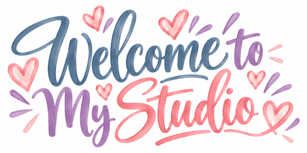 Colorful handwritten text reading 'Welcome to My Studio' with hearts and decorative elements.