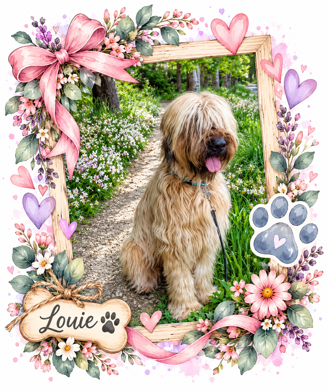 A fluffy beige dog sitting on a trail in a wooded area with green trees and blooming flowers, inside a decorative floral frame with pink ribbons, hearts, and a paw print that says "Louie".