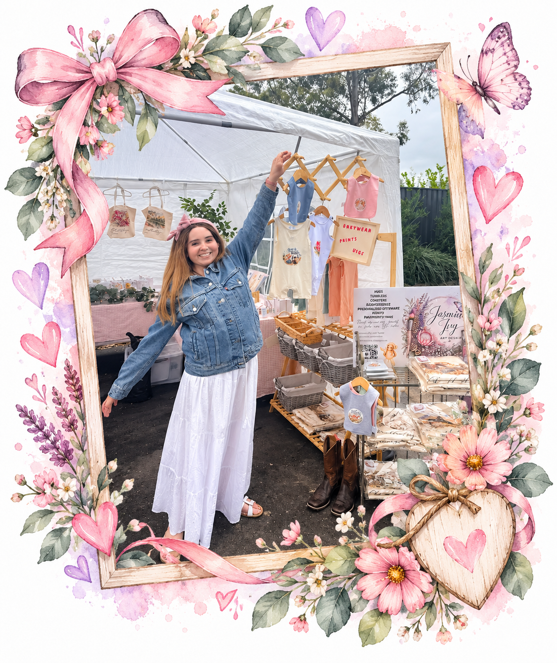 A smiling young woman in a denim jacket and white skirt at an outdoor craft booth with baby clothes and accessories, surrounded by a floral and heart-themed watercolor border with pink and purple accents.