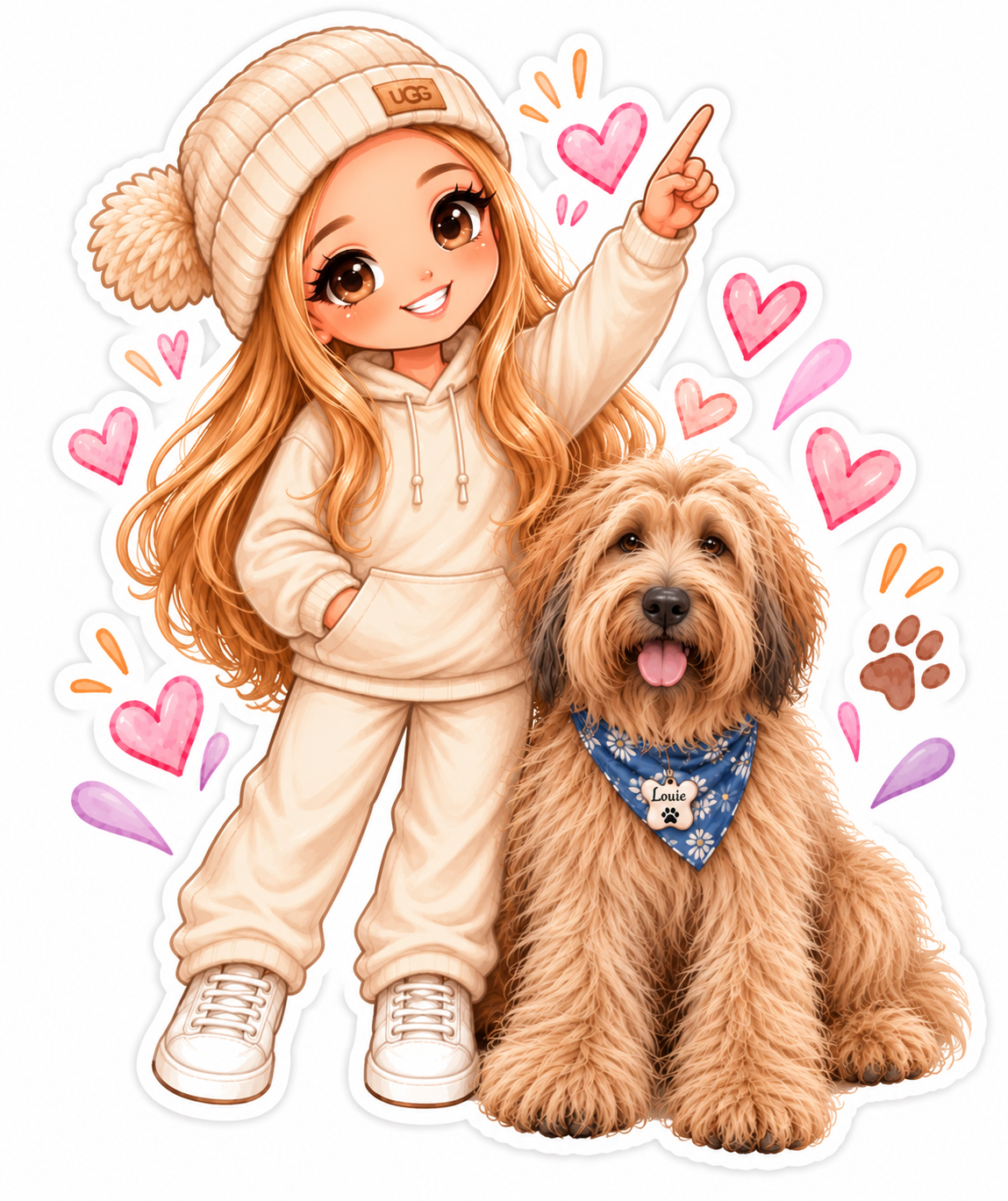 Digital illustration of a girl with long blonde hair, wearing a beige beanie and hoodie, standing beside a fluffy golden dog with a blue bandana labeled 'Louie', surrounded by pink hearts and colorful doodles.