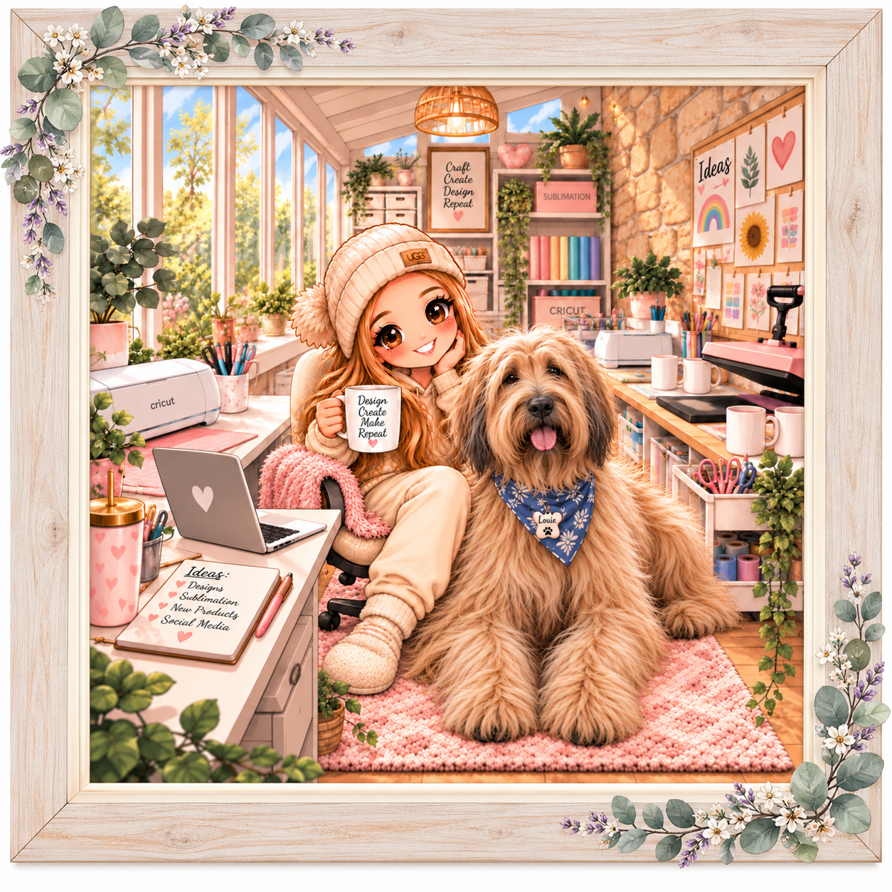 A cartoon girl with long orange hair and large eyes, wearing a beige beanie, sitting on a pink fuzzy chair next to a large fluffy dog with long hair and a blue bandana, in a bright craft room with large windows, artwork on the walls, and craft supplies on shelves.