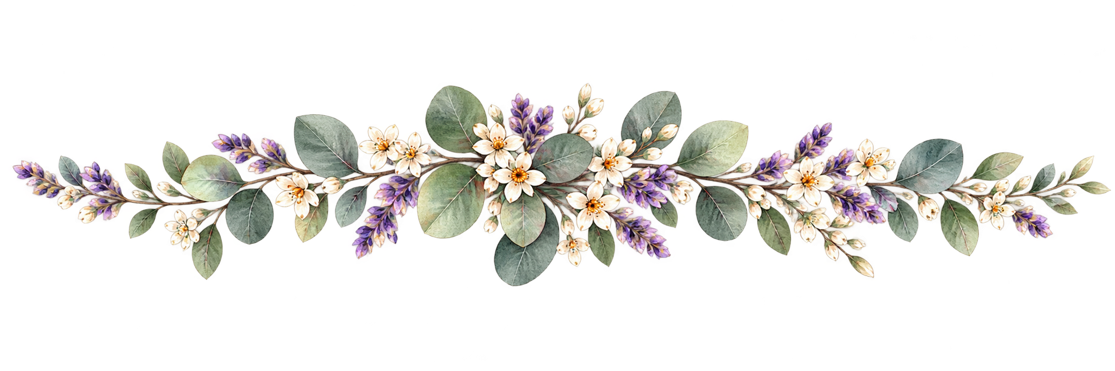 Decorative floral border featuring eucalyptus leaves, white flowers, and purple lavender accents.