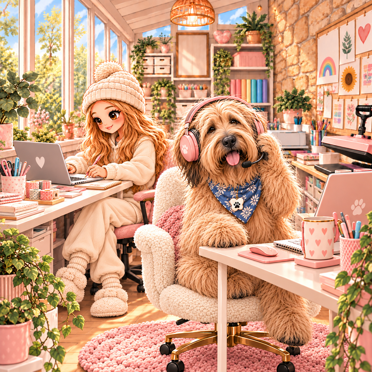 A girl with long orange hair working on her laptop at a desk, and a large fluffy dog with headphones and a blue bandana sitting at another desk inside a brightly lit, cozy room decorated with plants, artwork, and pink accents.