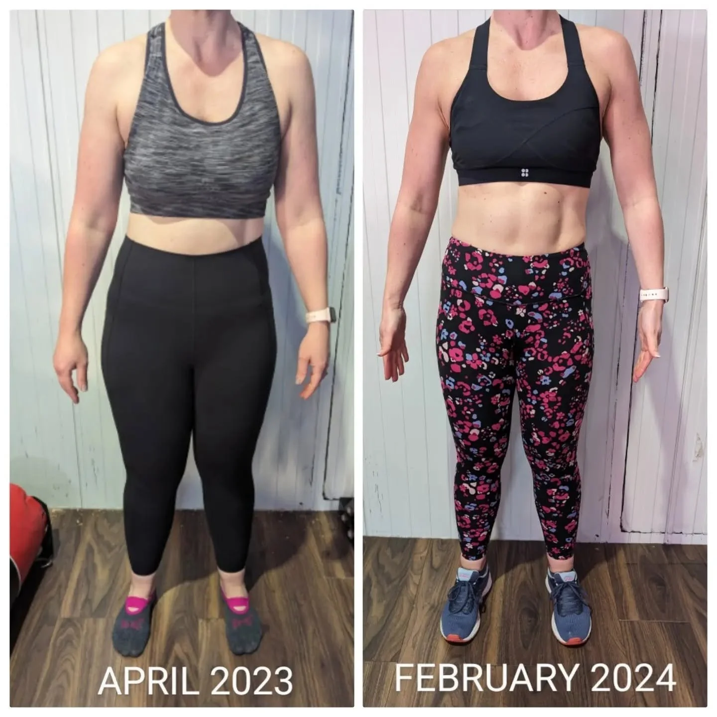 Comparison of a woman's fitness progress between April 2023 and February 2024, showing improved muscle tone and weight loss.