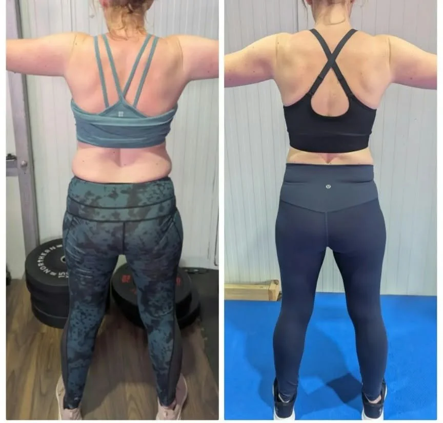Side-by-side comparison of a woman's back before and after fitness transformation, showing improved muscle tone and reduced body fat.