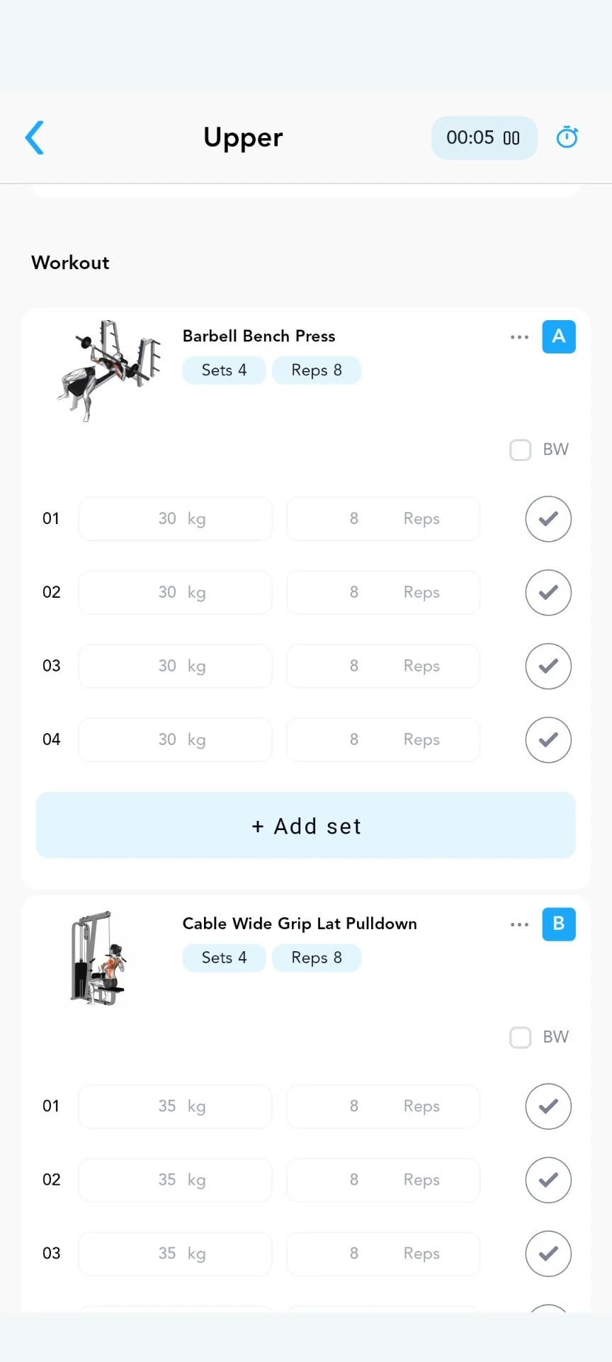 Screen display of a workout app with two exercise routines: Barbell Bench Press and Cable Wide Grip Lat Pulldown, each showing sets of weights and repetitions.