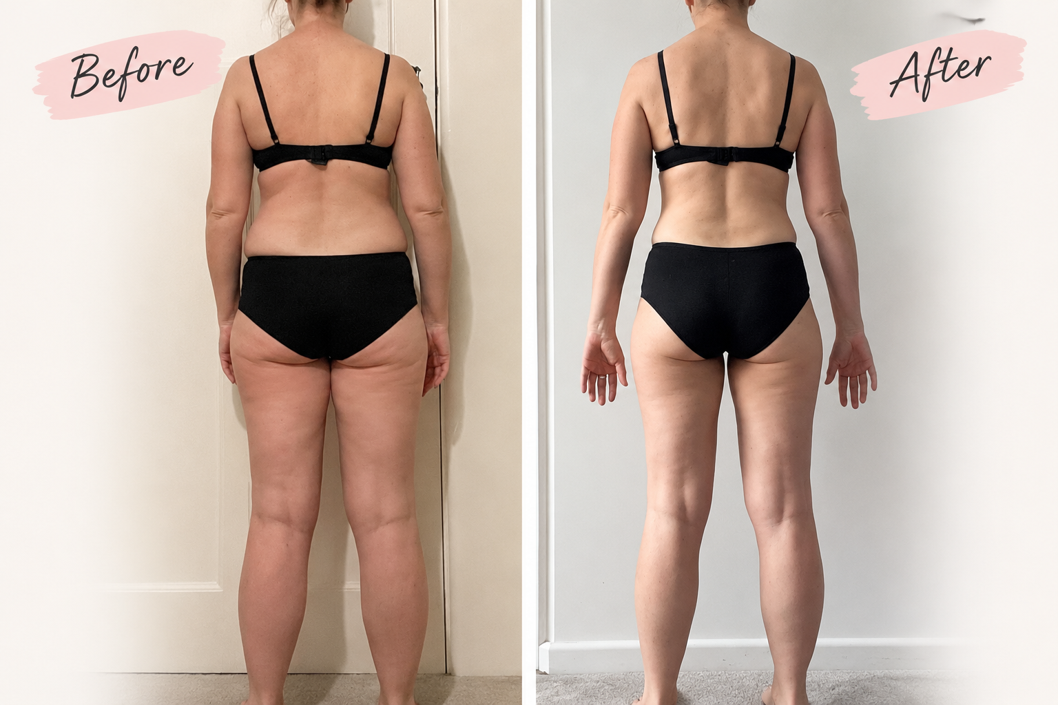 Comparison of a woman's back before and after a body transformation, showing weight loss and toned appearance. The 'Before' image on the left, and the 'After' image on the right, both with similar black underwear and a similar pose.