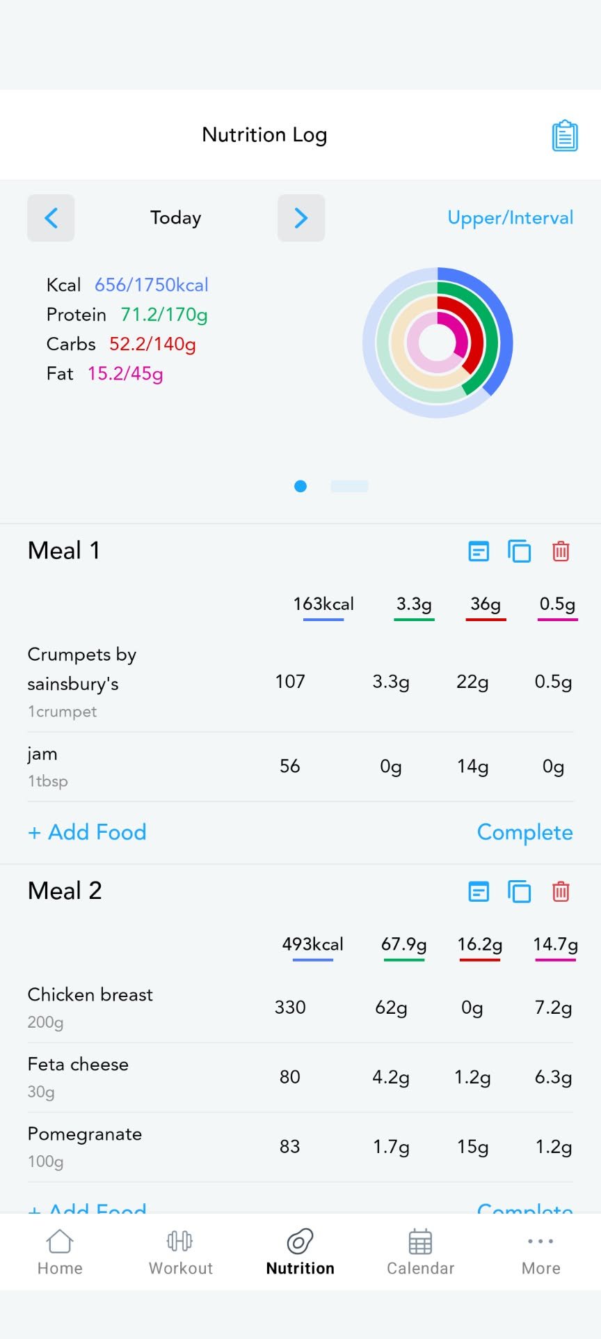 Screenshot of a nutrition tracking app showing daily calorie, protein, carbohydrate, and fat intake, with detailed meal logs including crumpets with jam and chicken breast with feta cheese and pomegranate.