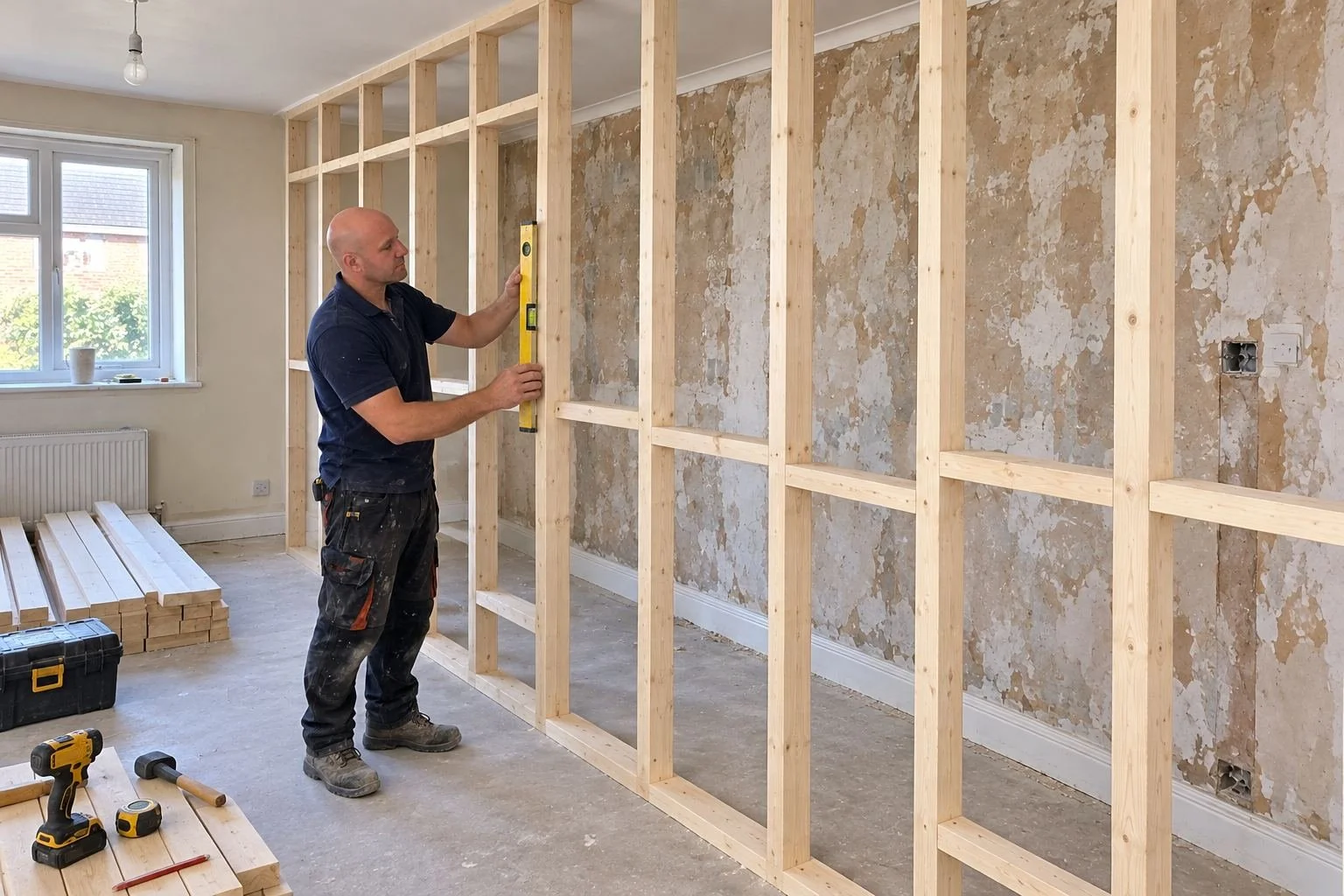 Timber partition work during an interior renovation